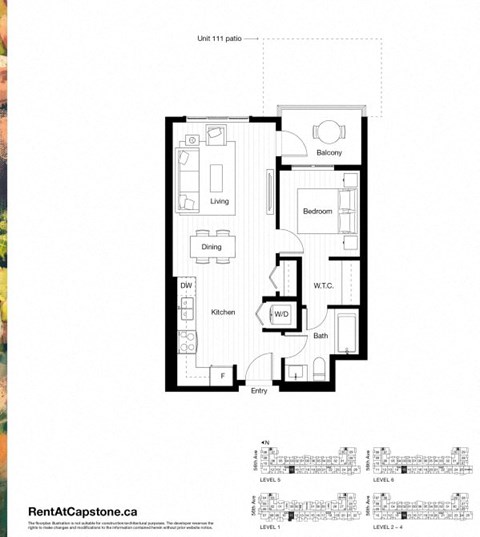 A floor plan for Unit 111 patio showing the layout of the bedroom, living room, dining room, kitchen, bathroom, and balcony.